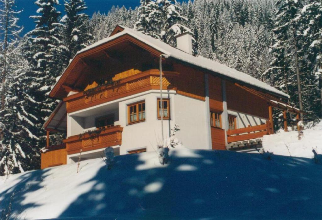 una casa en la cima de una montaña cubierta de nieve en Ferienwohnung Weißmann, en Patergassen