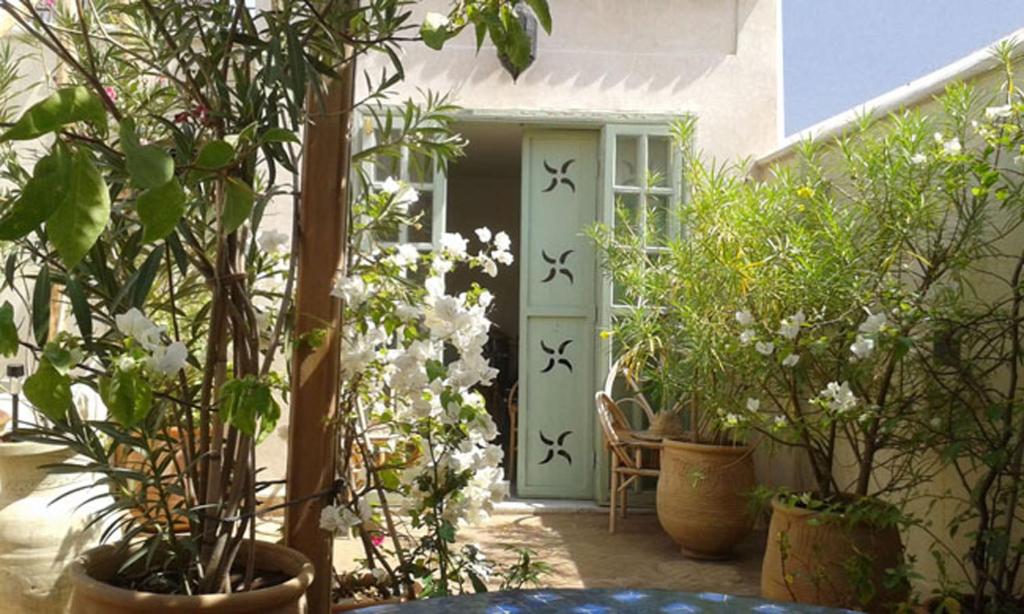 une porte d'entrée d'une maison ornée de plantes et de fleurs dans l'établissement Dar Eva, à Fès