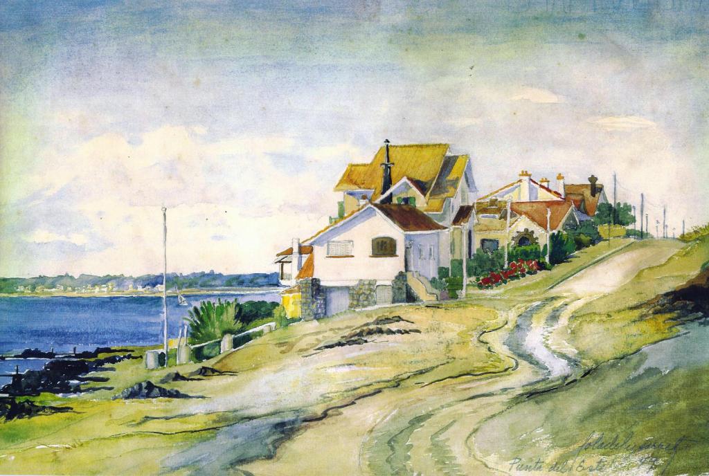 uma pintura de uma casa numa colina junto à água em Los Sargos em Punta del Este