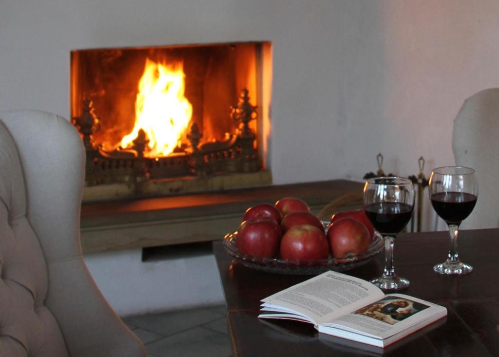einen Tisch mit einem Buch und einer Schale mit Äpfeln und einem Kamin in der Unterkunft Apartmenthaus Brunnenhof in Papstdorf