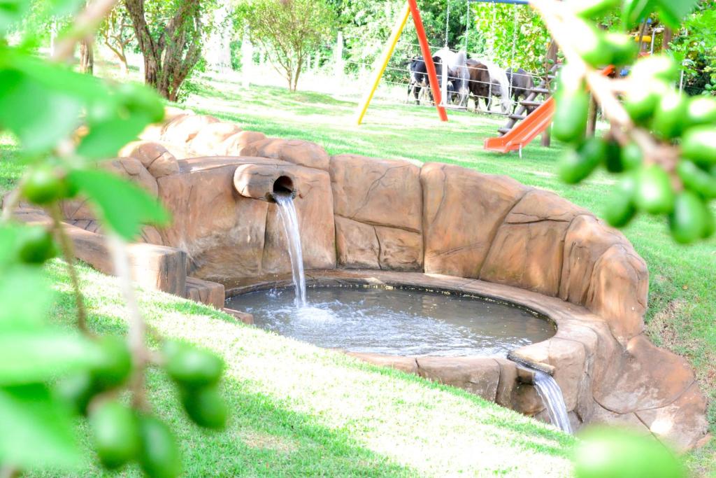 a water fountain in a park with a playground at Recanto Vovô Octávio - Refúgio Encantador em meio a Natureza in Olímpia