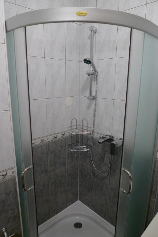 W łazience znajduje się prysznic ze szklanymi drzwiami. w obiekcie Apartments Battistutti - Free Private Parking w Zagrzebiu