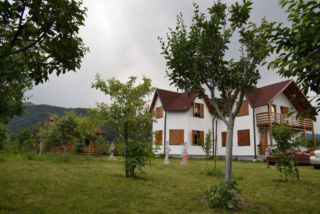 ein Haus auf einem Feld mit Bäumen davor in der Unterkunft Holiday house Casa Dejani in Dejani