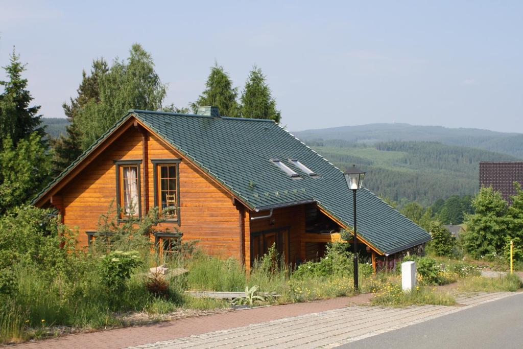 a wooden house with a green roof on the side of a road at Ferienzimmer König in Breitenbrunn