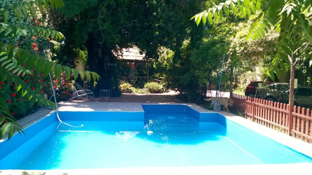 uma piscina azul num quintal com cerca e árvores em Posada Chalet de Bassi em Mendoza