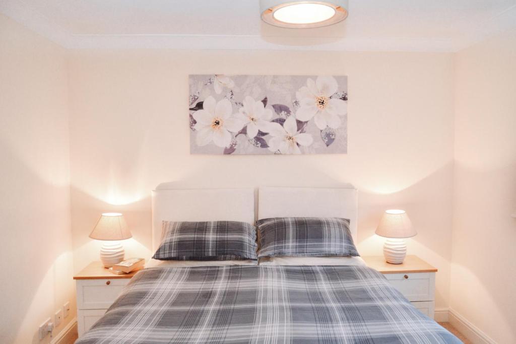 a bedroom with a bed with two lamps and a painting at Blackwater Meadow Apartment in Ellesmere