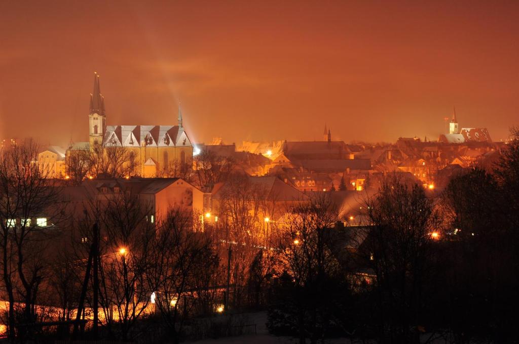 a view of a city at night with lights at Penzion Cafe Na Svahu in Cheb