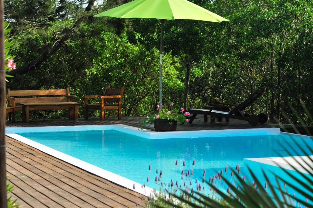 a swimming pool with a green umbrella and a bench at La Atrevida in José Ignacio