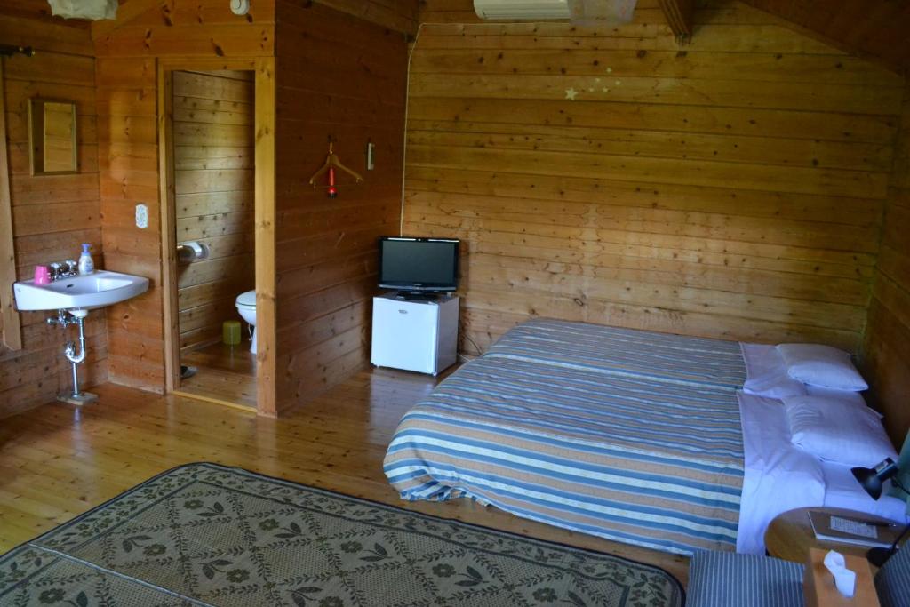 a bedroom with a bed and a sink and a television at Polan no Fue in Minamioguni