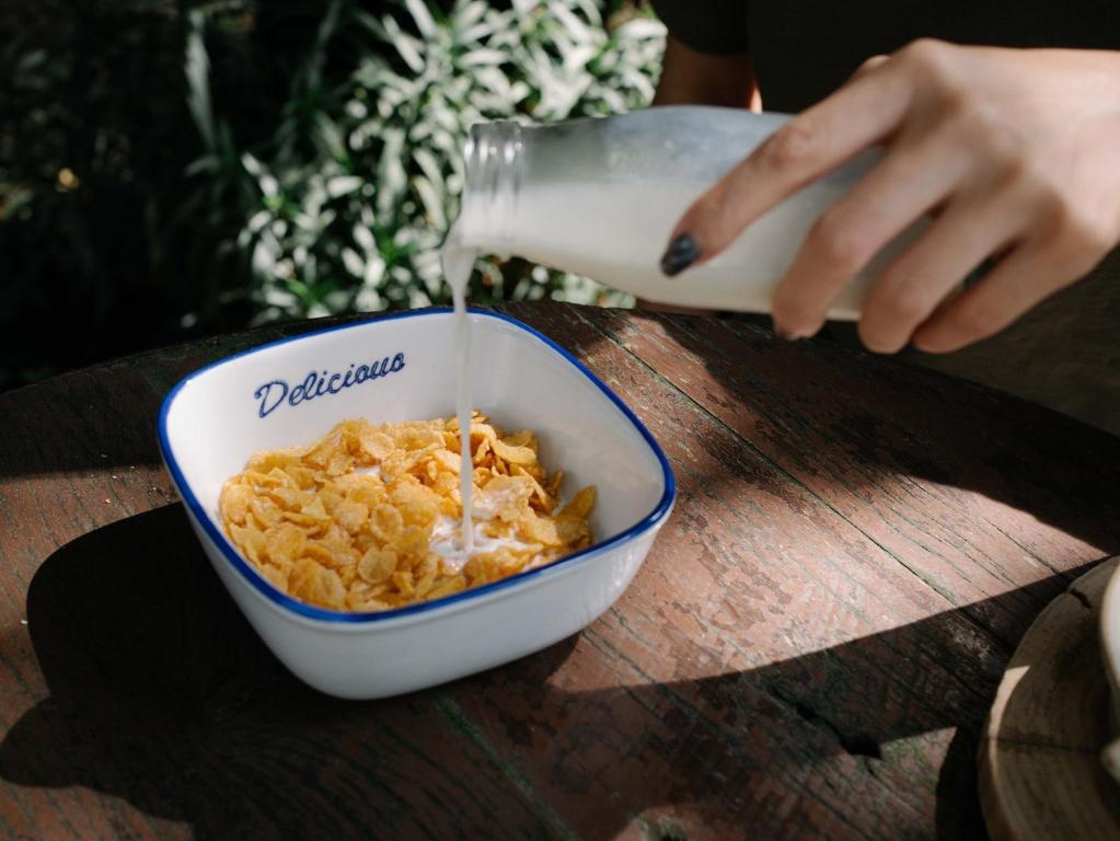 Cornflakes being served with milk in a blue-rimmed breakfast bowl.