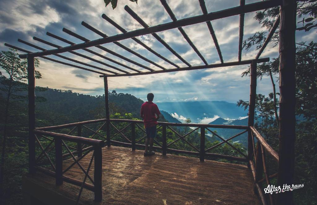 a man standing on a deck looking out at the water at After the Rains - Rainforest Lodge in Meppādi