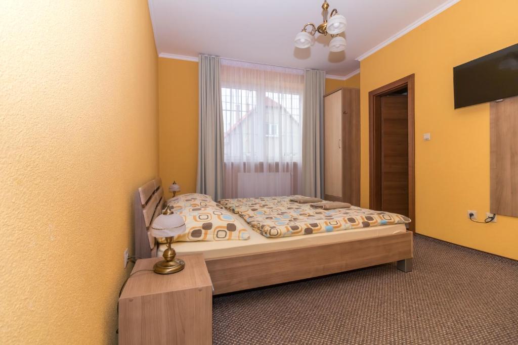 een slaapkamer met een bed, een raam en een televisie bij Penzión Kastelán in Bojnice