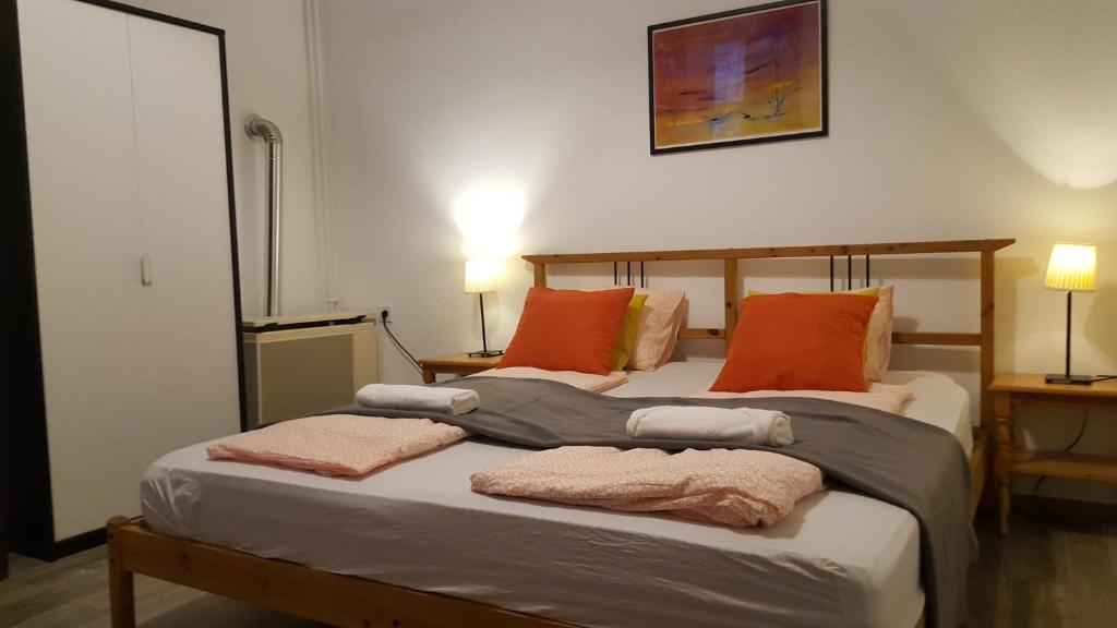 ブダペストにあるMichael Apartment with 2 Rooms near Gozsdu udvarのベッドルーム1室(枕2つ付)
