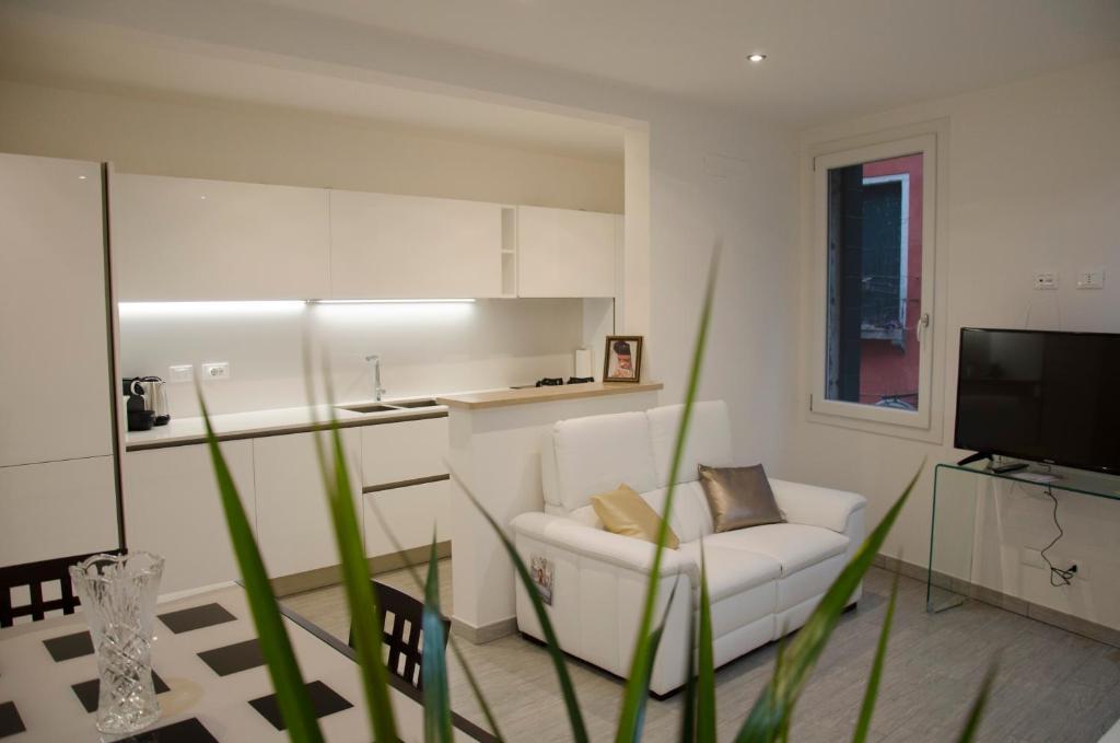 ein Wohnzimmer mit einem weißen Sofa und einem TV in der Unterkunft Majoorel (near San Marco) in Venedig