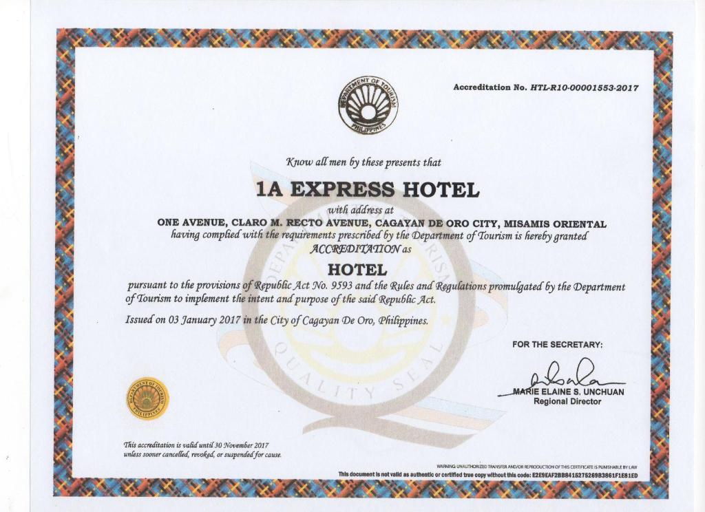 Certifikát, hodnocení, plakát nebo jiný dokument vystavený v ubytování 1A Express Hotel