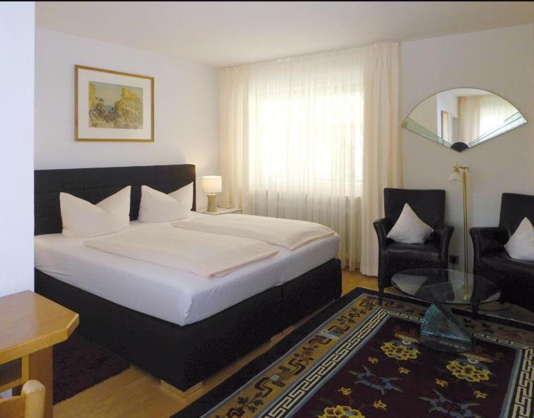 een slaapkamer met een bed, een stoel en een tafel bij Hotel Hofmann Zur Mühle in Bad Krozingen