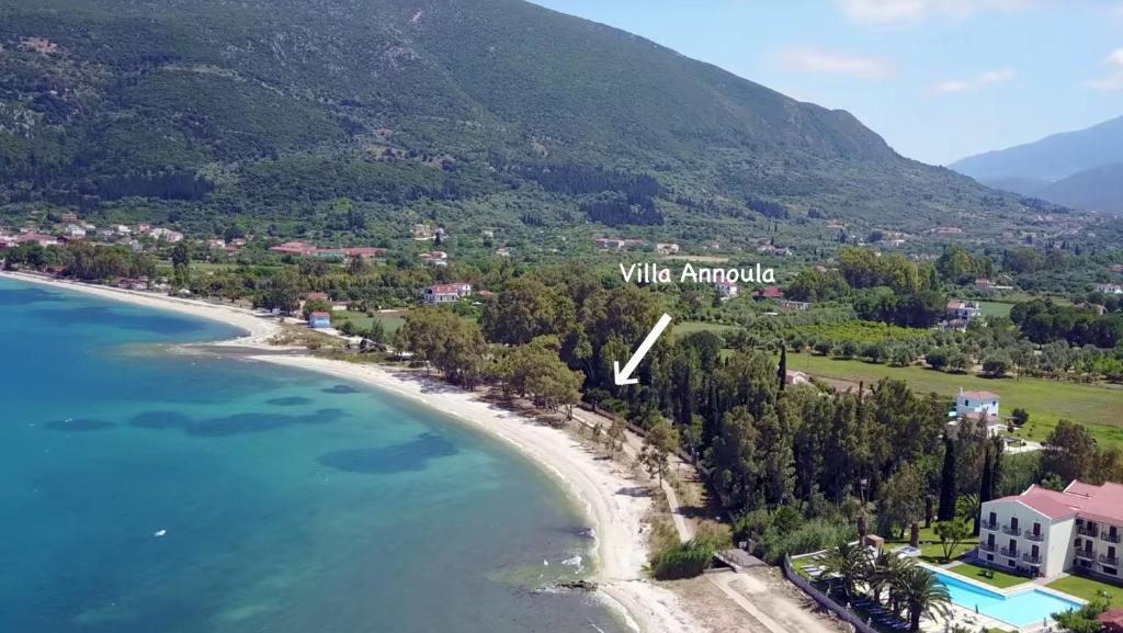 arial view of a beach with a white endpoint at Villa Annoula in Sami