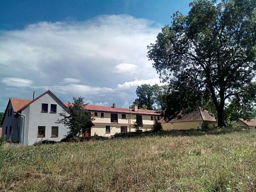a white house with a tree in a field at Ubytování v Ouklidu in Nedrahovice
