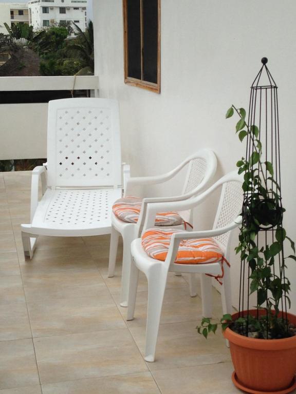 a group of white chairs and a potted plant at Betty's Beach Condominium in Playas