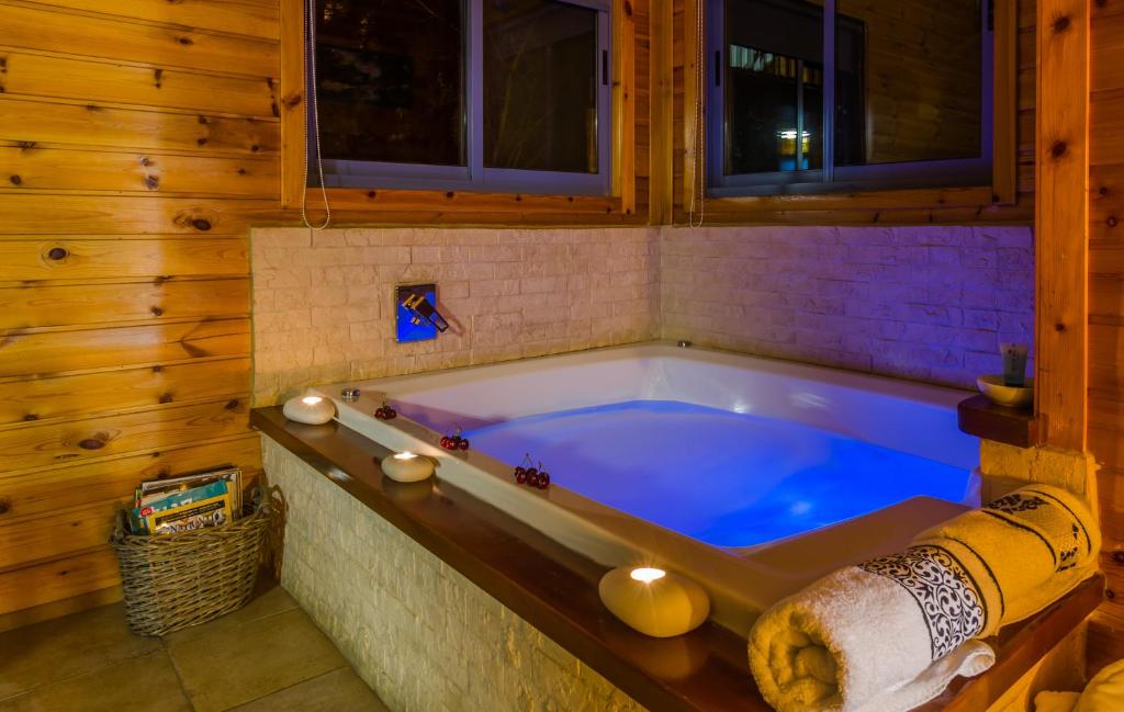 a large blue tub in a room with wood at Mazal shell Zimmer in Amirim