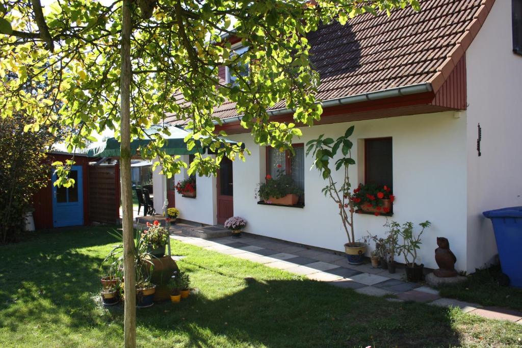 une maison blanche avec un arbre dans la cour dans l'établissement Ferienwohnung Wiesenblick, à Prerow