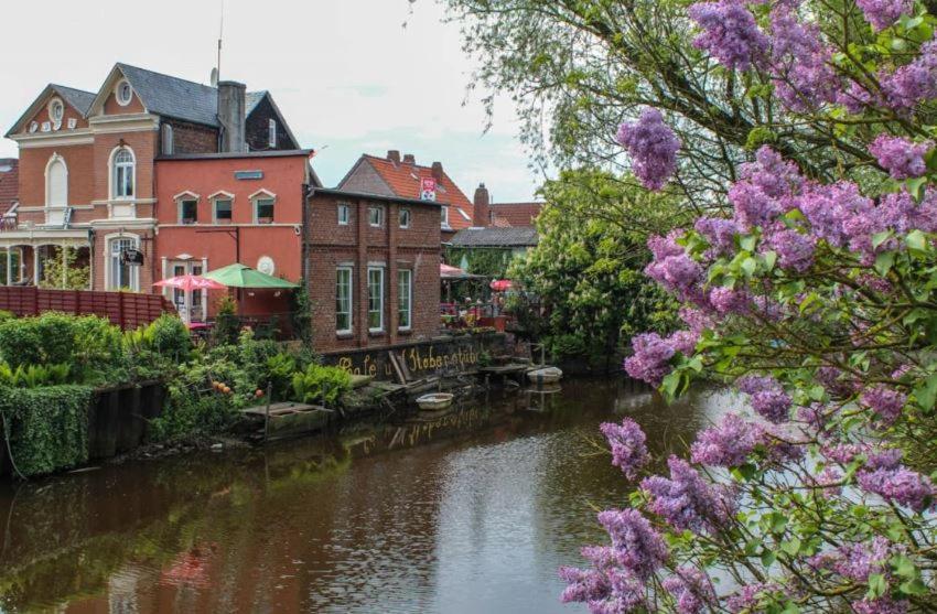 オッテルンドルフにあるFeriendomizil im Musikerviertel in Otterndorfの紫の花の建物前の川