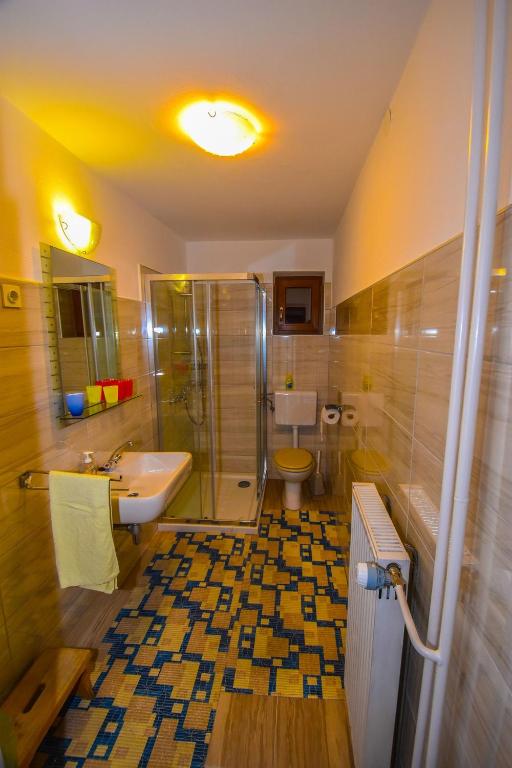 bagno con doccia, lavandino e servizi igienici di Guest House Žnidar a Bohinj