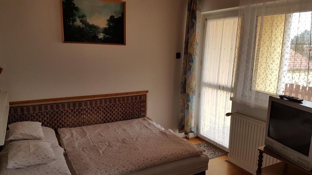 salon z kanapą i telewizorem w obiekcie Orchidea Apartman w Hévízie