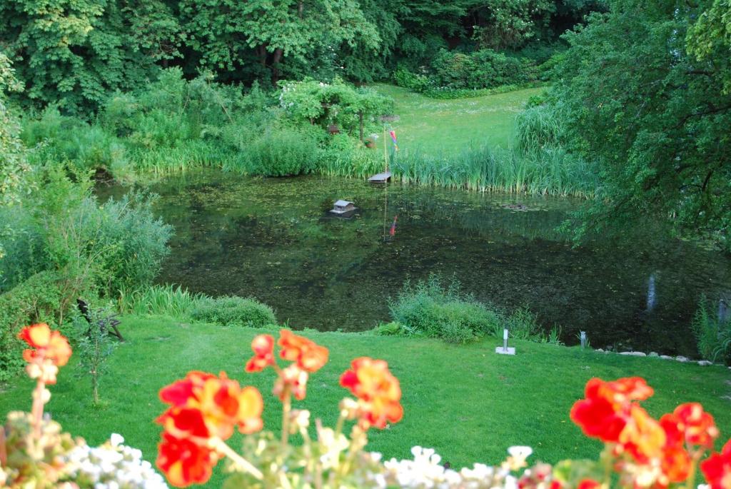 a garden with a pond with red flowers at Ferienwohnung Grünes Herz in Kiel