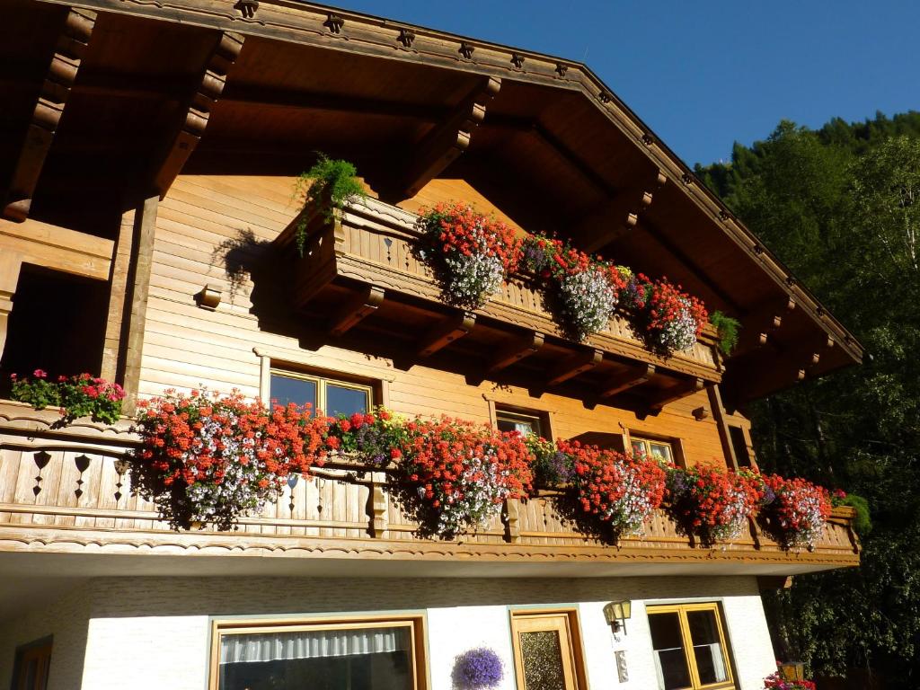 einen Balkon mit vielen Blumentöpfen darauf in der Unterkunft Pension Appartement Ambrosi in Heiligenblut