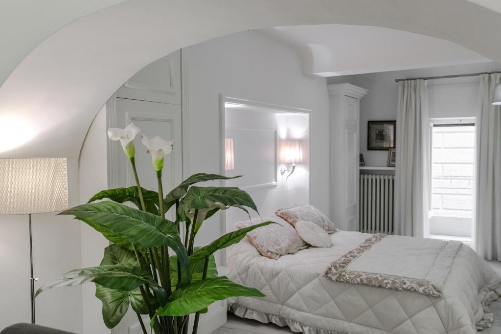 una camera bianca con un letto e una pianta di Loft Cuore di Firenze a Firenze