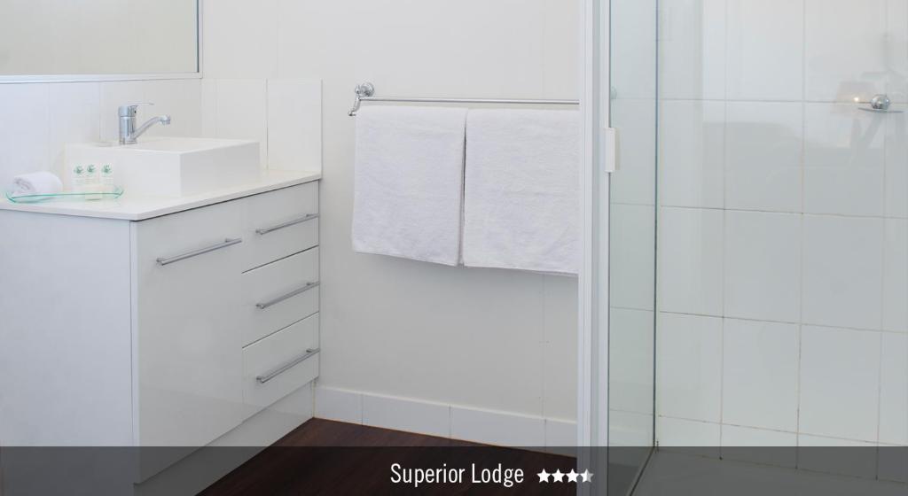 a white bathroom with a shower and a sink at Saltbush Retreat in Longreach