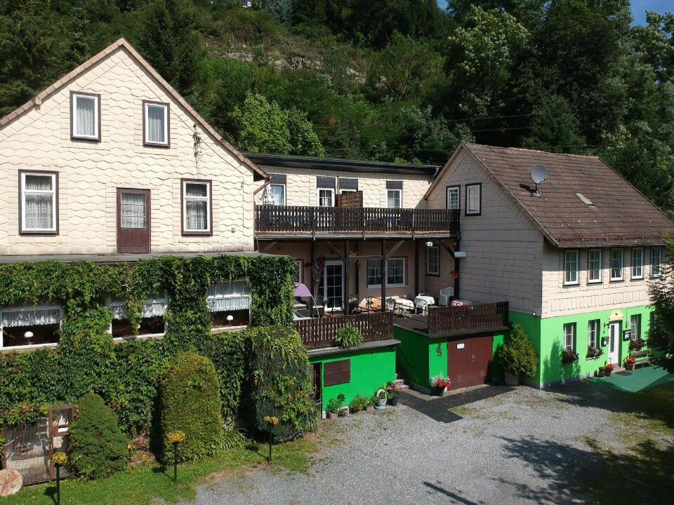 an aerial view of a large house with ivy at Pension Haus Rodenstein in Altenbrak