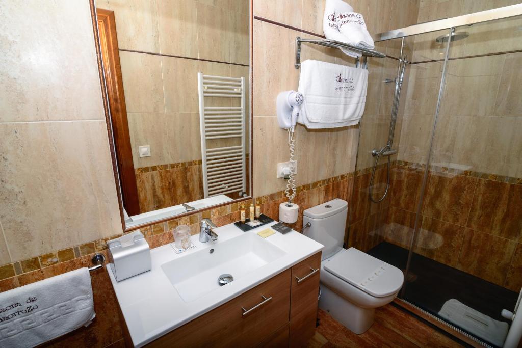 a bathroom with a sink and a toilet and a shower at Casona de Llanorrozo Apartamentos Rurales in Oviñana
