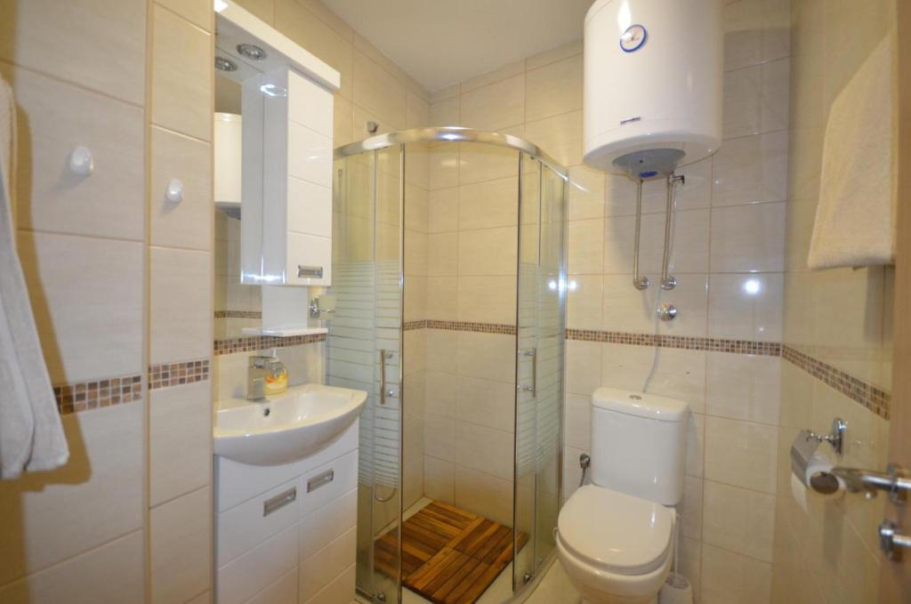 ズラティボールにあるSimona Lux Apartmentのバスルーム(シャワー、トイレ、シンク付)