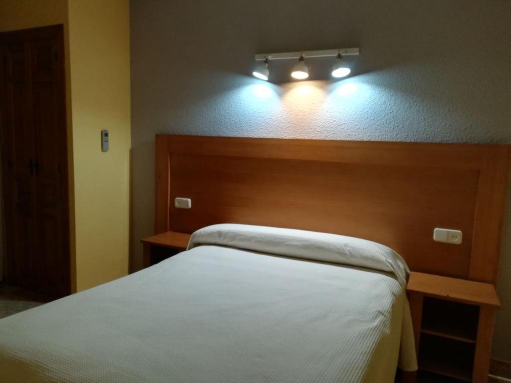 1 dormitorio con 1 cama y una luz en la pared en Hostal Venta del Peral, en Cúllar de Baza
