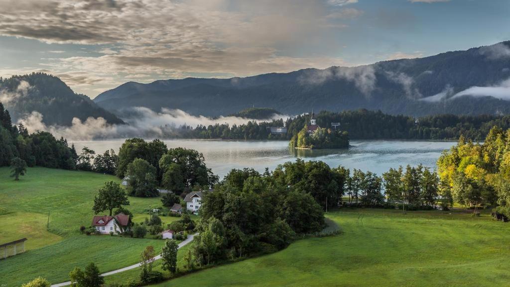 an island in the middle of a lake with mountains at Homestay Vito by Lake in Bled