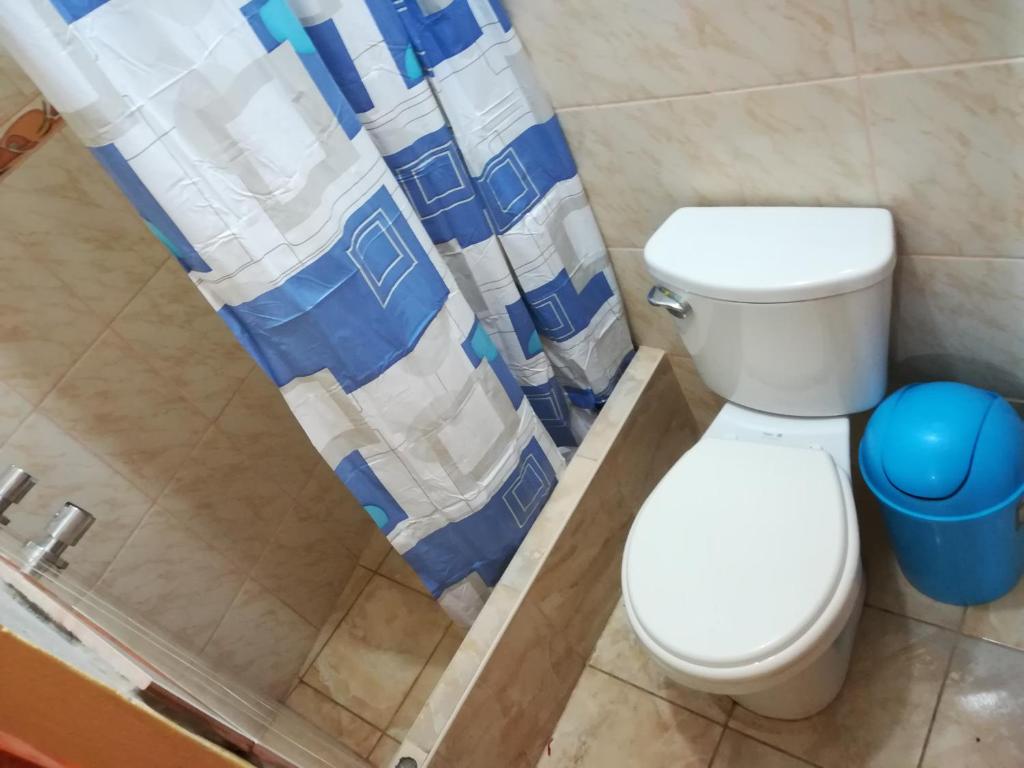 a bathroom with a toilet and a shower curtain at Hospedaje T&T in Churín
