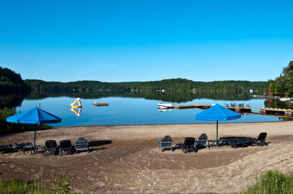 een groep stoelen en parasols op een strand bij Blue Water Acres in Huntsville