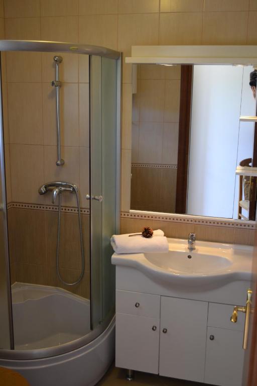 a bathroom with a sink and a shower and a mirror at Villa Agava in Vrboska