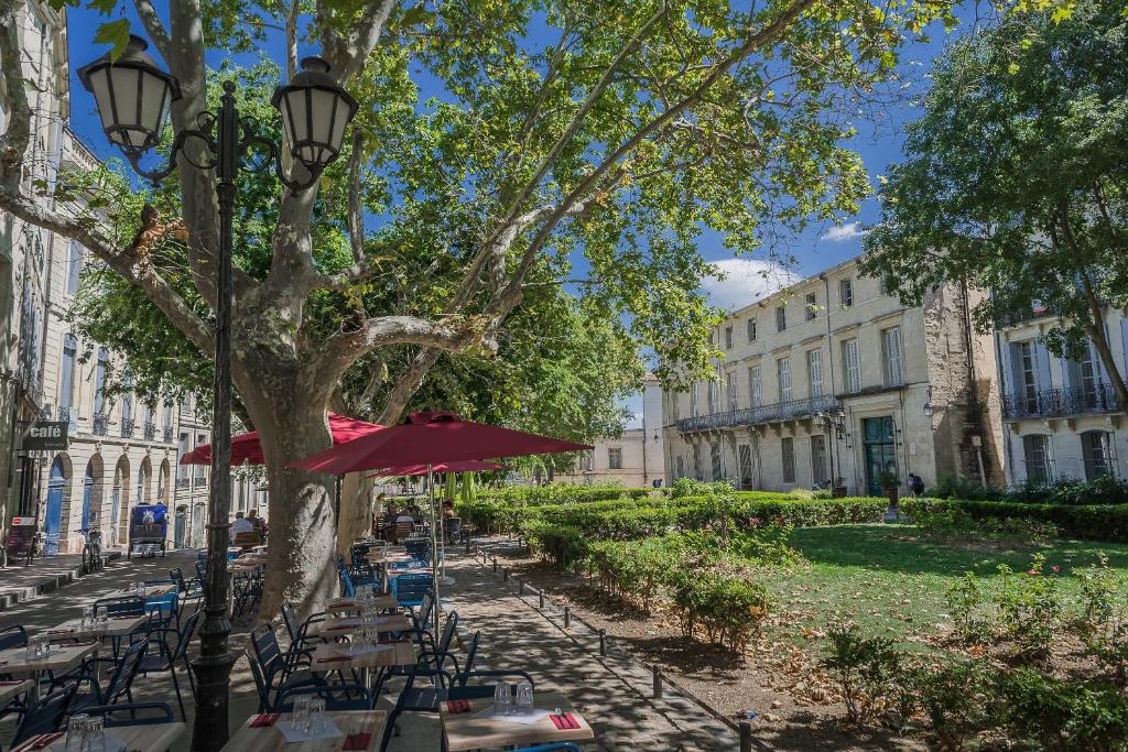 une cour avec des tables, des chaises et un arbre dans l'établissement Appartement Canourgue - Première Conciergerie, à Montpellier