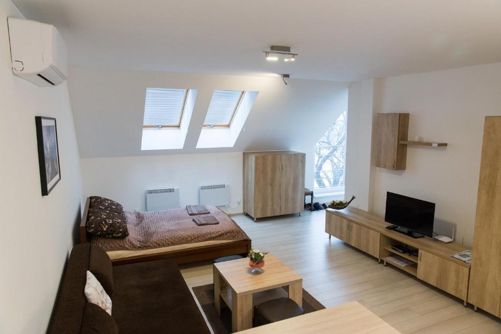 a living room with a couch and a tv at Apartmány pre Vás in Levice