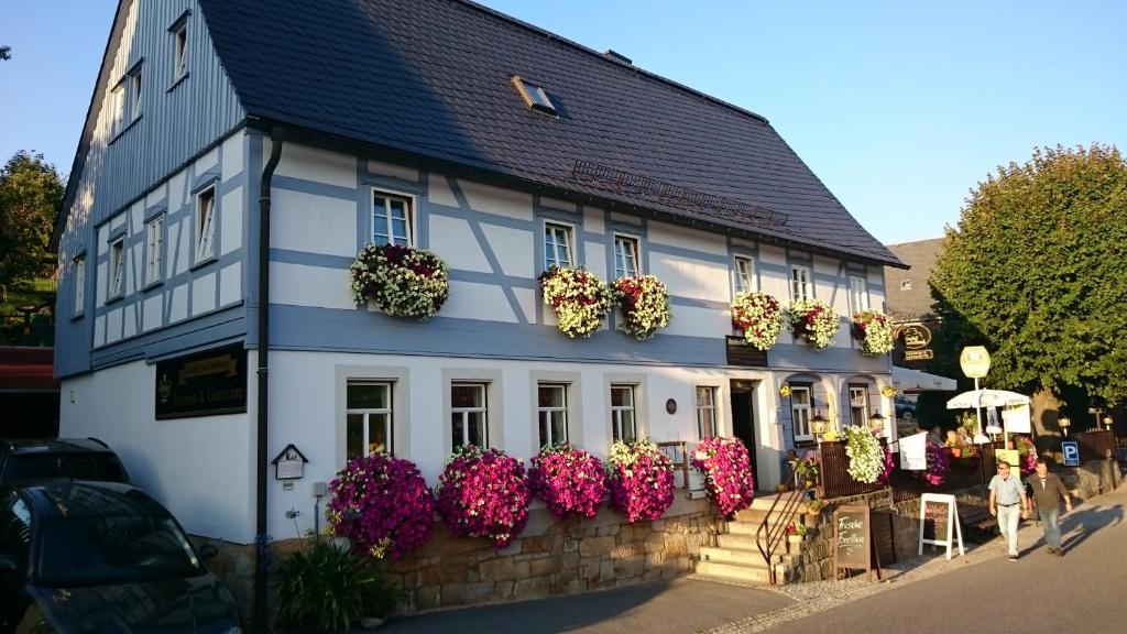 a blue and white building with flowers on it at Gasthof zur Hoffnung in Hinterhermsdorf