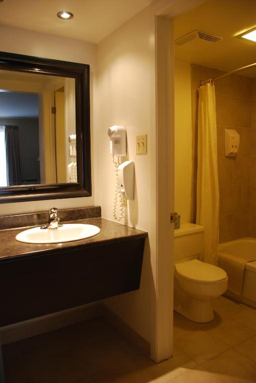 a bathroom with a sink and a toilet and a mirror at Rideau Heights Inn in Ottawa