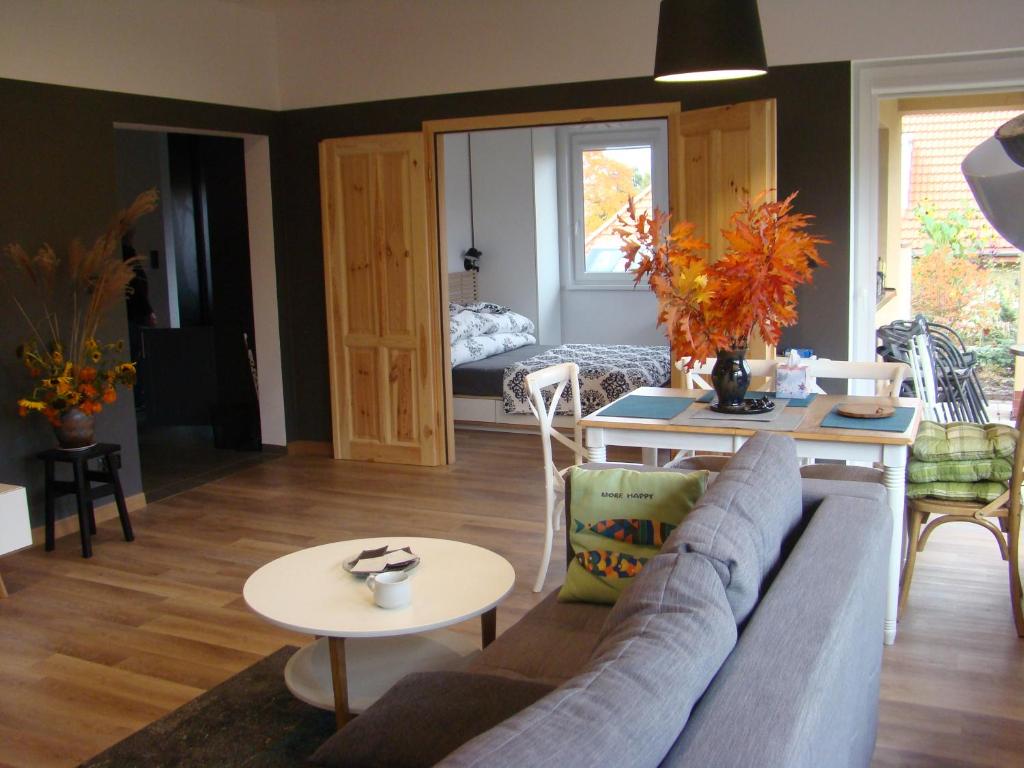 sala de estar con sofá y mesa en Apartament Honey en Polanica-Zdrój