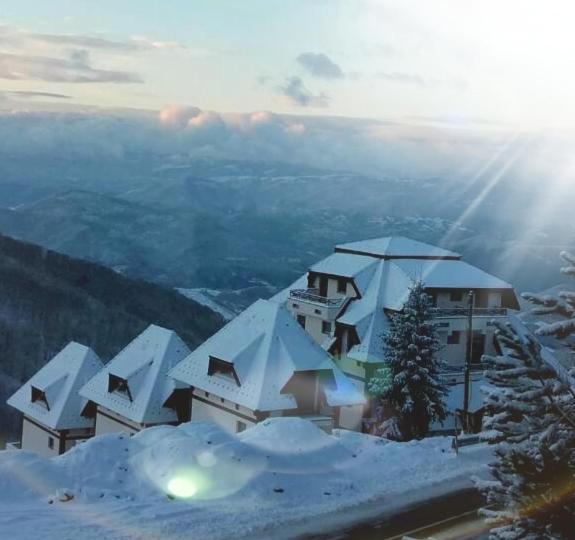 een gebouw bedekt met sneeuw op de top van een berg bij Dvori Apartments in Kopaonik