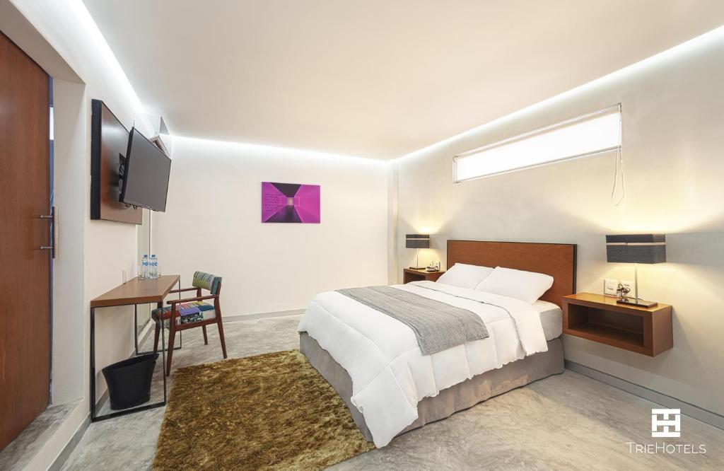 Dormitorio con cama, escritorio y TV en Hotel Urban 101 en Chetumal