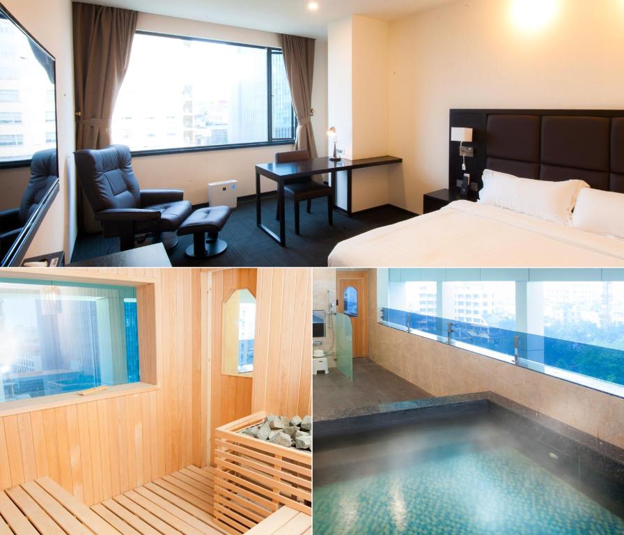 a hotel room with a bed and a swimming pool at Sakura Hotel in Hanoi