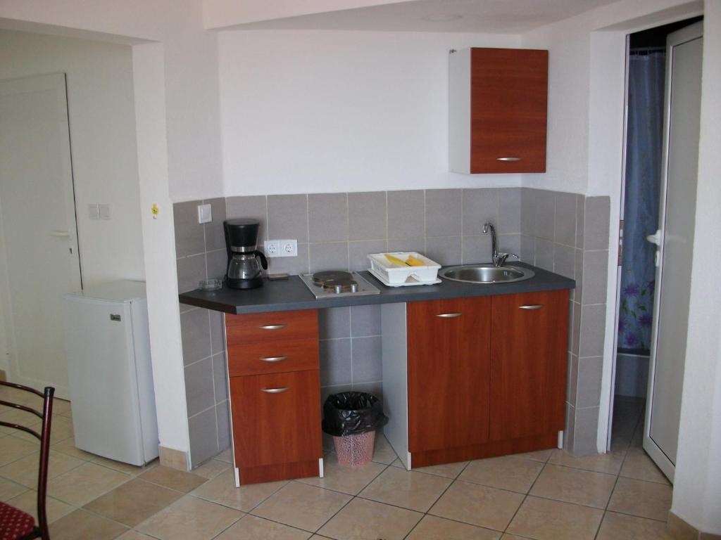 a small kitchen with a sink and a counter at Apartments Petrovic in Krimovice