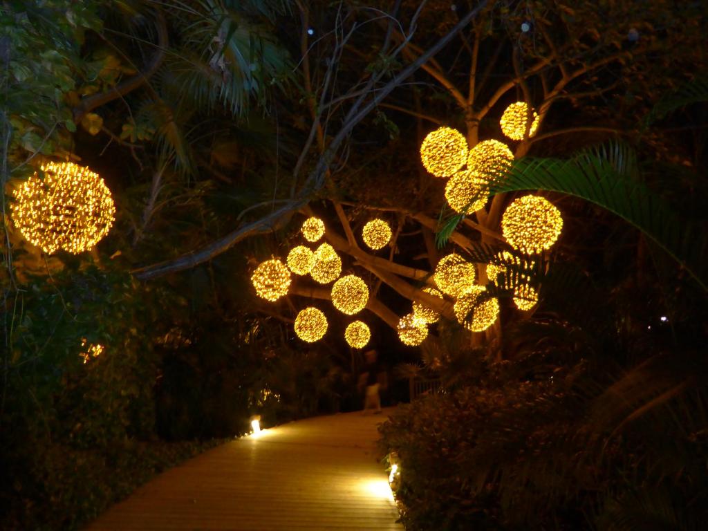 a bunch of lights hanging from trees at night at Suites at Mayan Palace Vidanta Resort Riviera Maya in Playa del Carmen